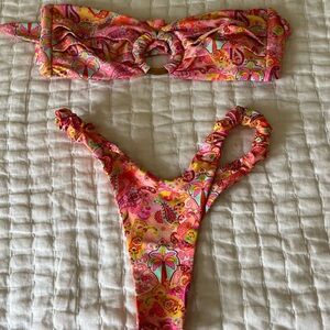 Kulani Kinis Pink Orange Paisley Ring-Front Bikini Top